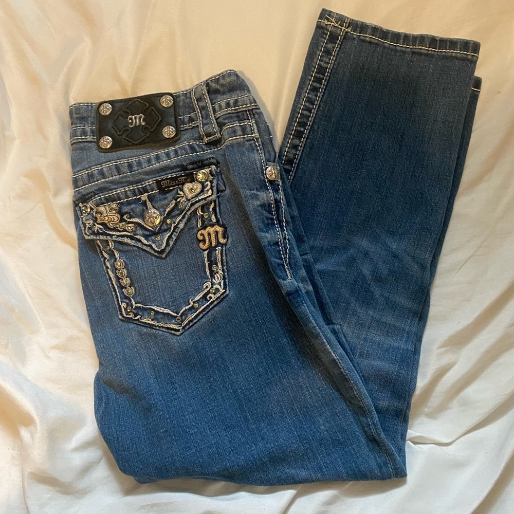 Miss Me Blue Boot Cut Jeans with Ornate Back Design